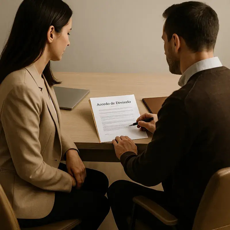 Casal elegante revisa documento de Acordo de Divórcio em mesa de escritório, representando divórcio consensual com apoio de advogado direito de família em BH