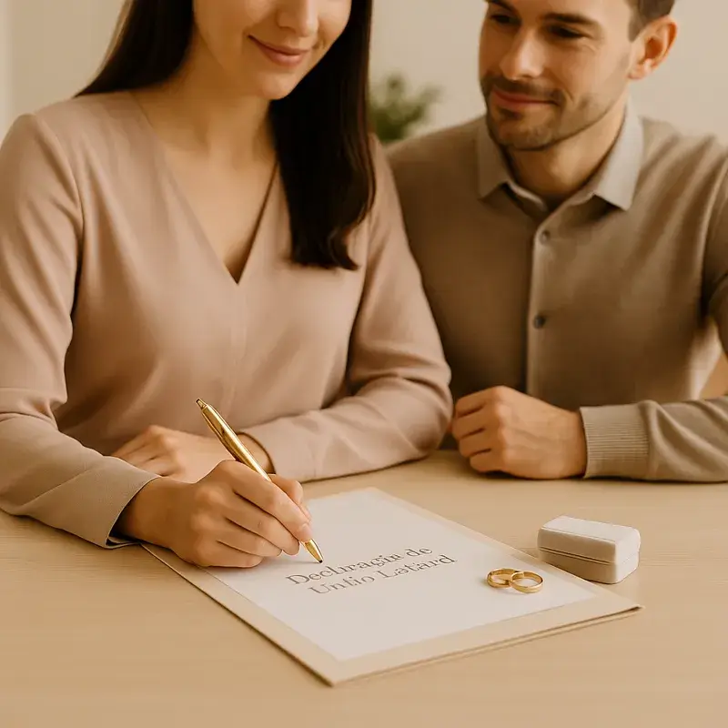Casal jovem assina acordo pré-nupcial em mesa clara, com alianças em destaque, simbolizando planejamento patrimonial com apoio de advogado especialista em direito de família