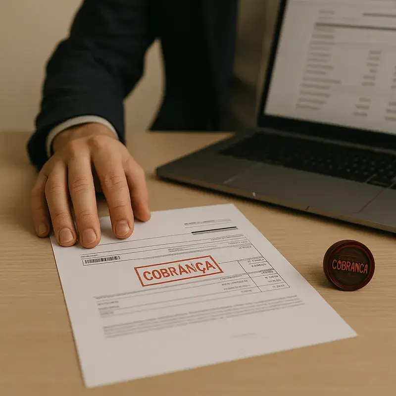 Mão posicionando boleto vencido com carimbo de cobrança sobre mesa de escritório, ao lado de notebook com extrato bancário, representando execução de dívida por advogado em Belo Horizonte