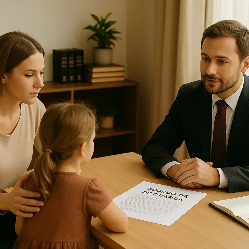Consulta com advogado de direito de família para acordo de guarda e pensão alimentícia entre pais, com foco no bem-estar dos filhos
