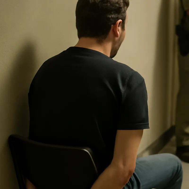 Homem algemado sentado em sala institucional durante audiência de custódia, sob vigilância policial. Demonstrando necessidade de advogado criminal