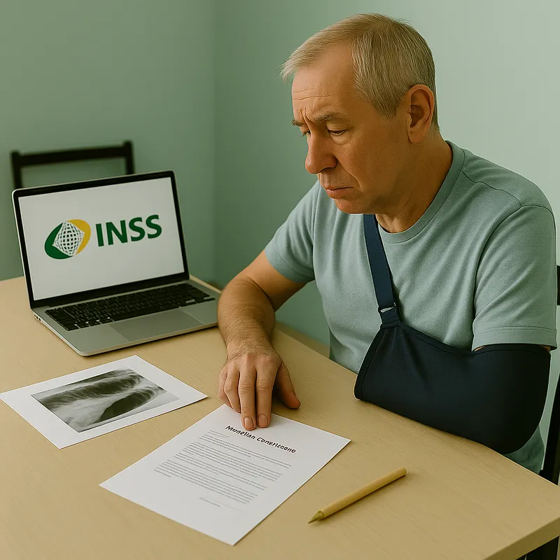 Idoso preocupado analisa documentos médicos enquanto acessa portal do INSS, ilustrando a busca por advogado previdenciário em BH para benefício negado.