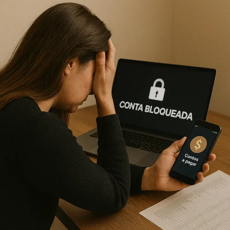 Mulher angustiada diante de computador com mensagem “Conta Bloqueada” e celular exibindo “Contas a pagar”, representando bloqueio bancário com urgência financeira