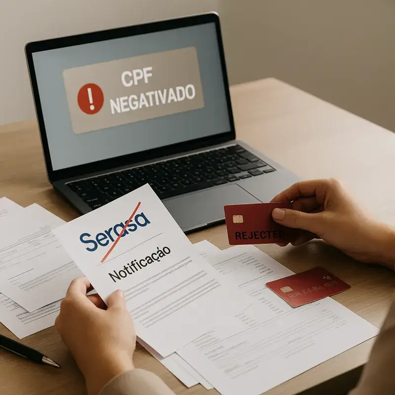 Mãos seguram notificação Serasa com logo riscada e cartão de crédito rejeitado, diante de notebook exibindo “CPF negativado” e papéis de cobrança, simbolizando negativação indevida e prejuízo ao consumidor