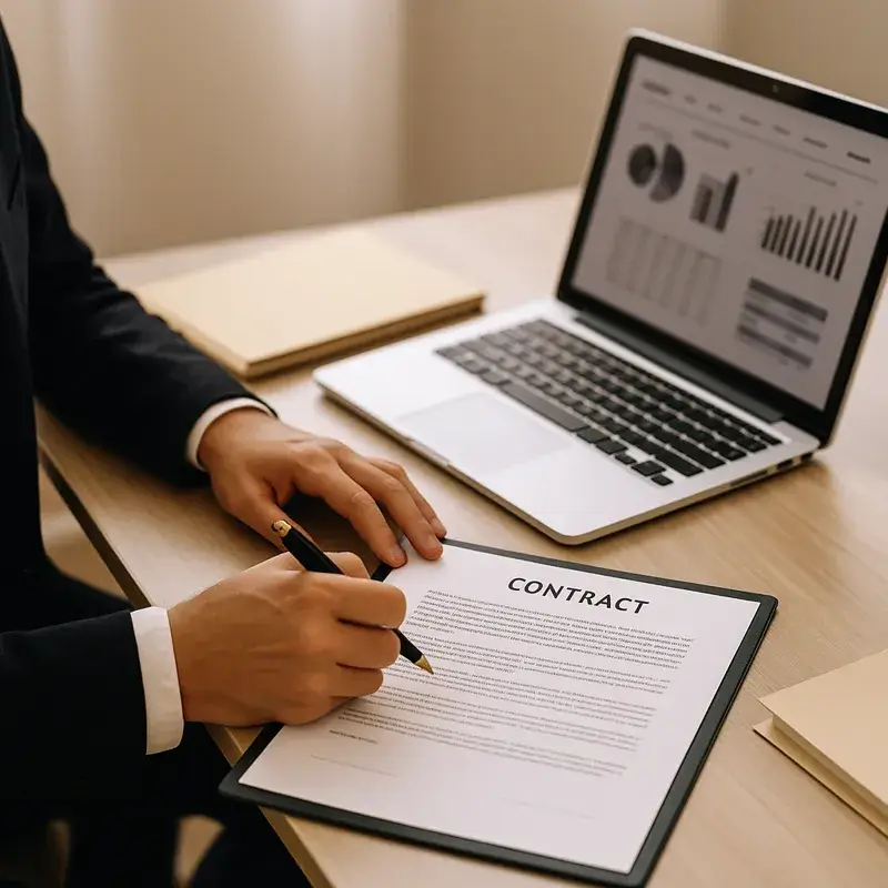 Advogado empresarial revisando contrato em mesa de escritório com notebook e pastas, representando consultoria jurídica para pequenas e médias empresas. Advogado empresarial BH.
